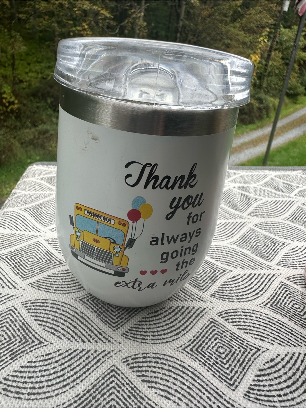 Thank You Travel Tumbler - White with Yellow School Bus Graphic - Picture 3 of 6
